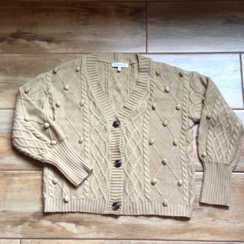 Textured Bobble Cable Knit Cardigan - Camel